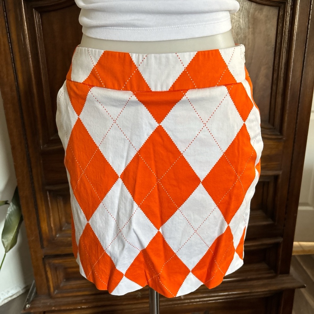 LoudMouth Ladies Orange and white argyle mini skirt with build in shorts - Picture 3 of 9